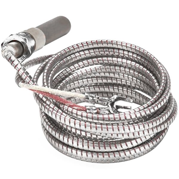A coiled metal tube with a metal handle and a stainless steel wire with a red and white stripe.