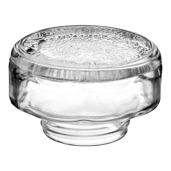 A clear glass bowl-shaped light bulb cover with a lid on top.
