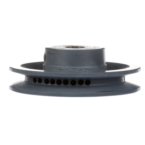A grey metal Anets P8500-11 pulley with holes in it.