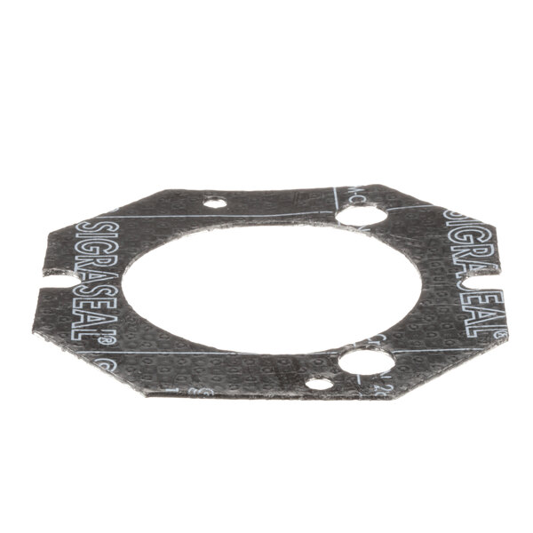A close-up of a black hexagon-shaped gasket with holes.