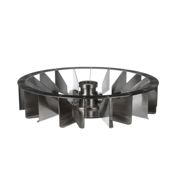 A metal circular Blodgett blower wheel with blades.