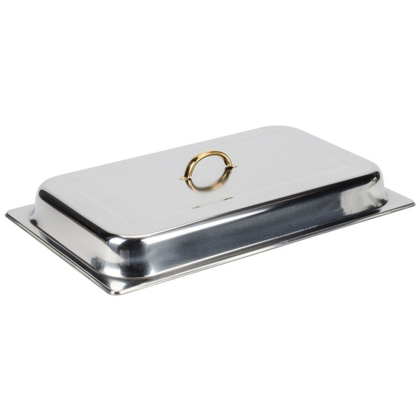 A stainless steel Choice chafer cover with gold trim.