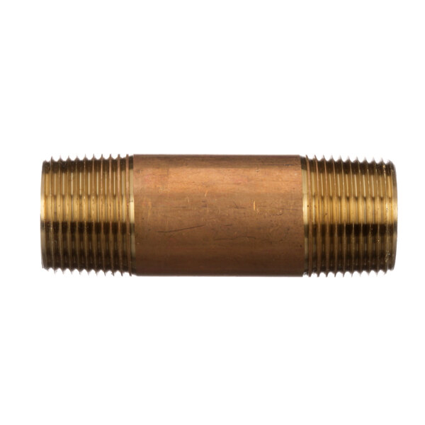 A close-up of a brass threaded pipe.