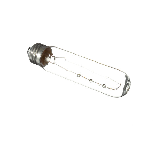 A close-up of a clear Norlake 40W shatterproof tubular light bulb with a silver base.