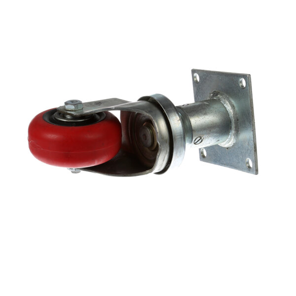 A metal bracket with a red Pitco caster wheel.