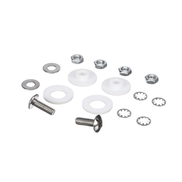 A group of metal screws and nuts on a white background.