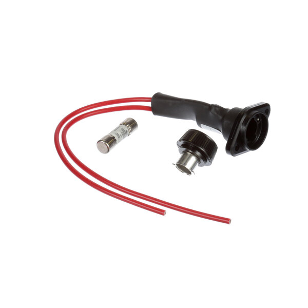 A Hatco fuse holder with a black and red electrical wire connected to a red connector.