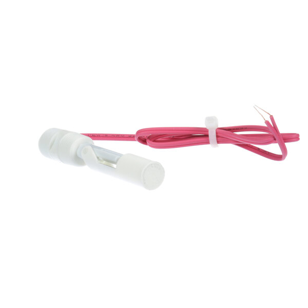 A close up of a pink and white cable with a white plug.
