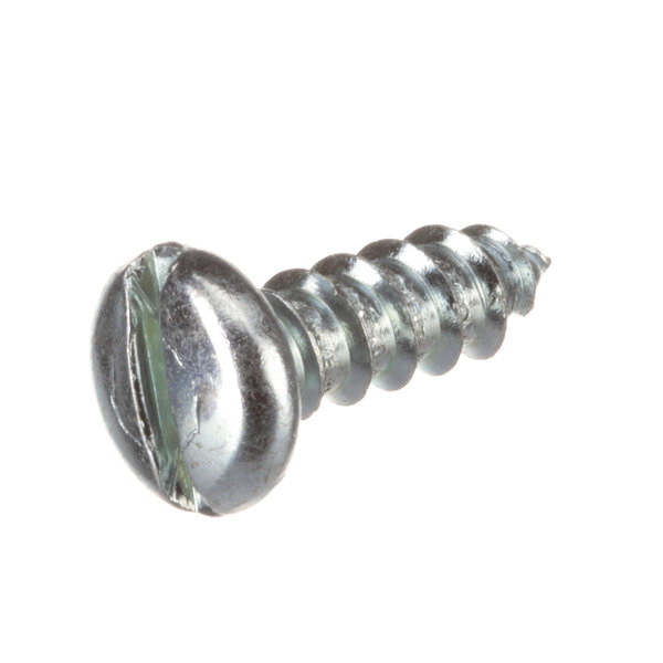 A close-up of a silver #14 screw with a metal head.