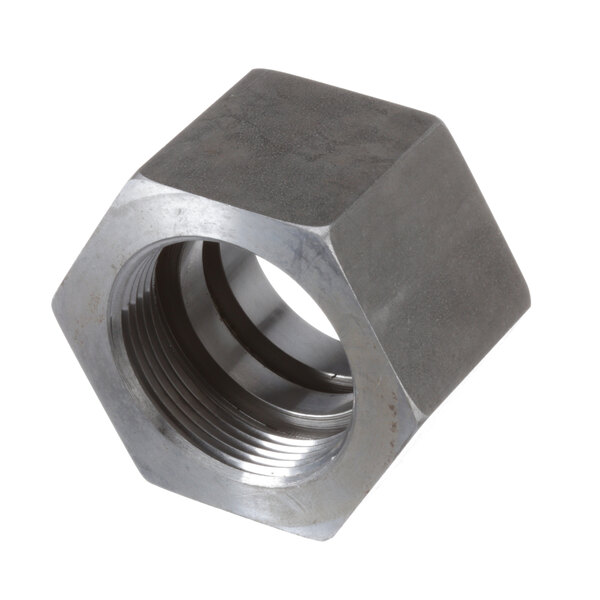 A hexagon shaped aluminum nut with threaded end.