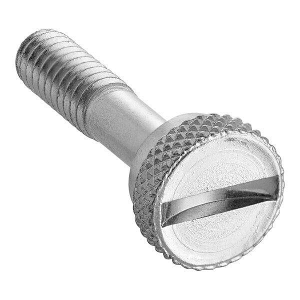 A silver screw with a metal nut on it.