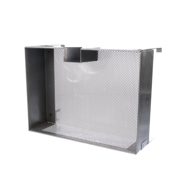 A metal basket with a mesh screen on top and a couple of holes.