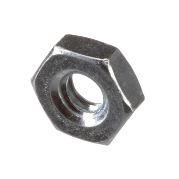 A close-up of a black hexagon nut.