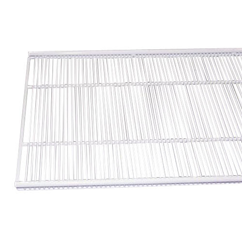 A white coated wire shelf with a metal grid.
