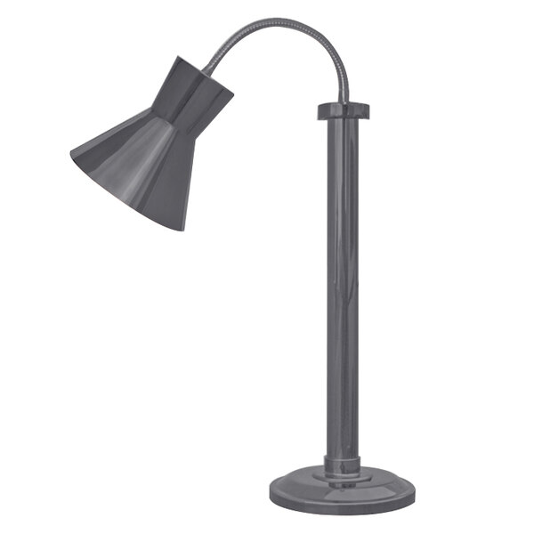 A textured chrome Hanson Heat Lamps freestanding heat lamp with a flexible black pole.