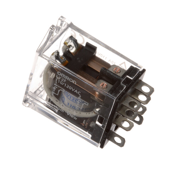 A clear plastic Baxter DPDT relay with two round metal rings.
