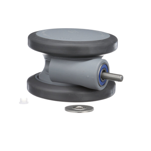 A grey and black plastic caster wheel with a metal pin.