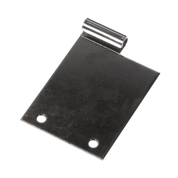 A black metal plate with two holes and a silver hinge.