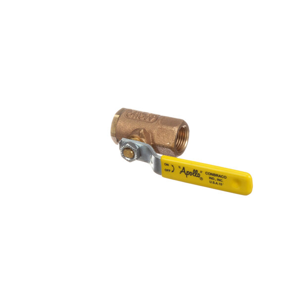 A Henny Penny brass ball valve with a yellow handle.