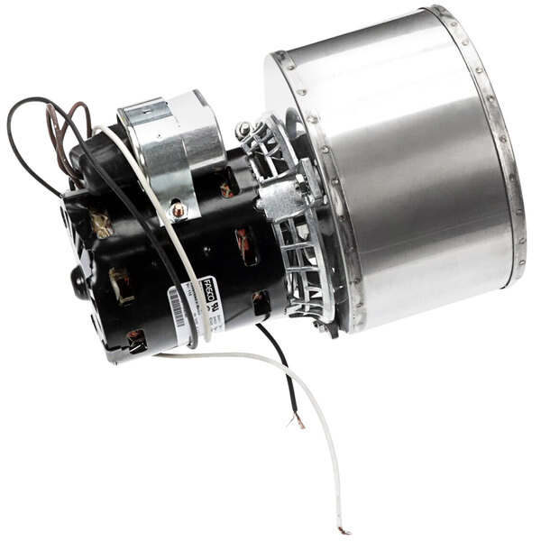 A Bevles blower assembly motor with wires attached.