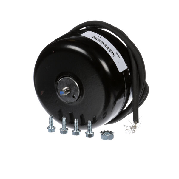 A black True Refrigeration heater fan motor with wires and screws.