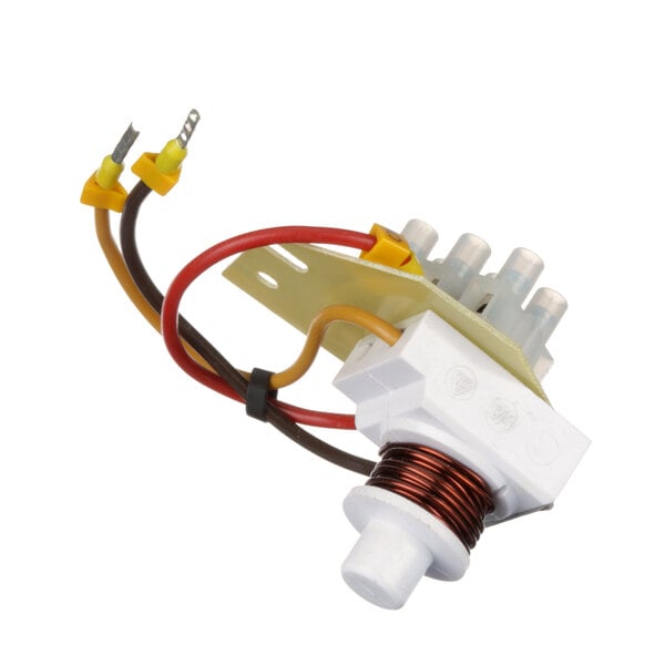 A small white electrical relay with yellow and red wires.