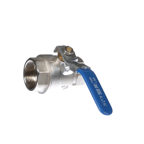 A Grindmaster-Cecilware stainless steel ball valve with blue handle.