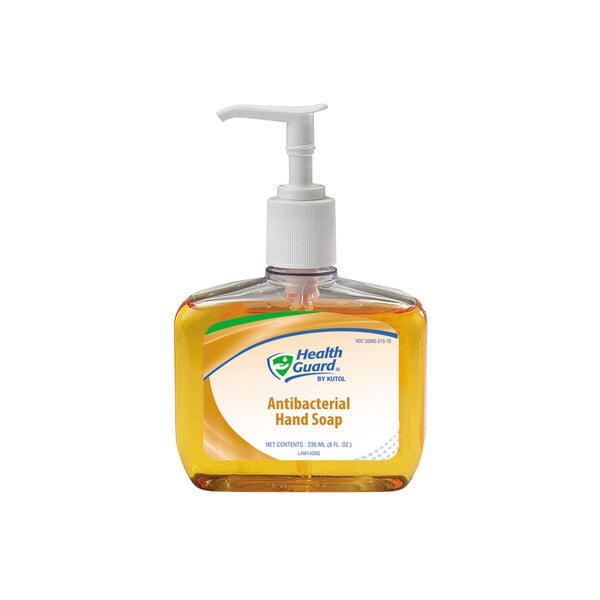 A Kutol Health Guard Antibacterial Lotion Hand Soap 8 oz. pump bottle on a counter.