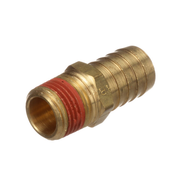 A close-up of a Cleveland brass hose fitting with a red stripe.
