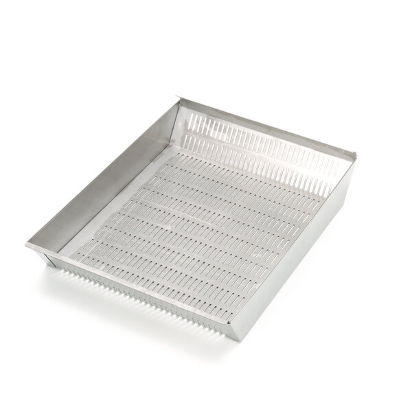 A Marshall Air stainless steel dump pan with a grid on it and holes in it.