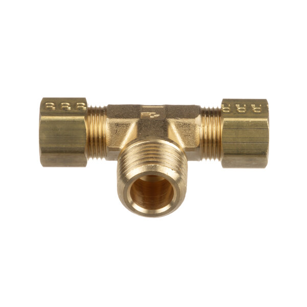 A close-up of a brass Vulcan tee fitting with two holes.