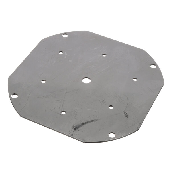 A hexagon-shaped metal plate with holes.