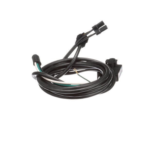 A black Master-Bilt wire harness with two black wires and a connector.