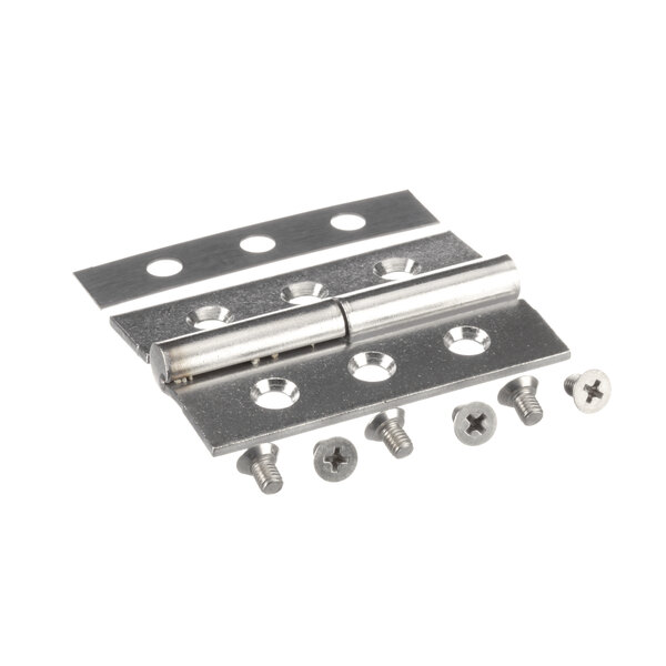 A stainless steel NU-VU flush mount hinge kit with screws and nuts.