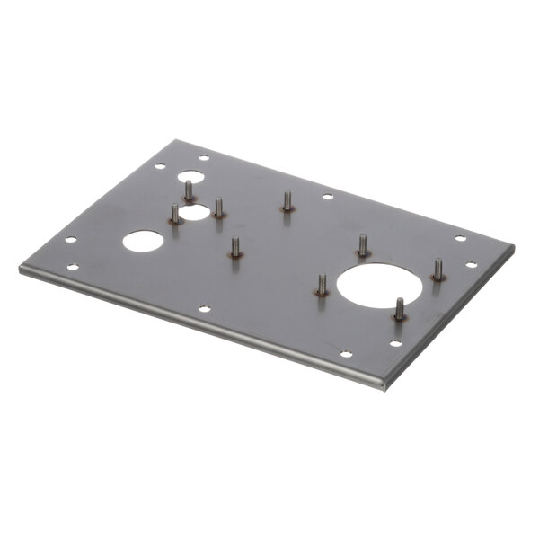 A metal plate with holes and screws.