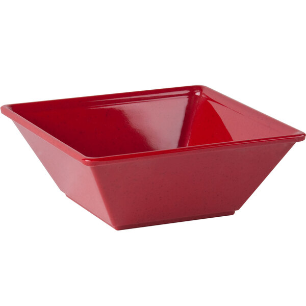A red square Thunder Group melamine bowl on a counter.