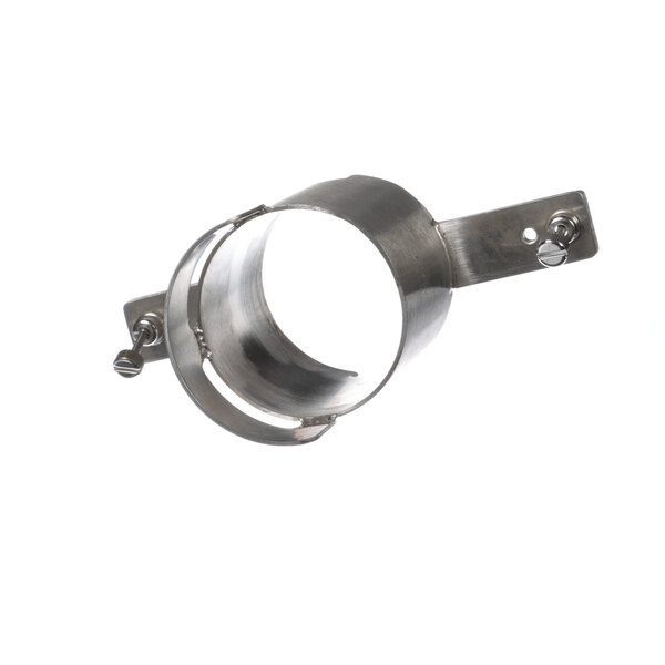 A metal pipe clamp with a metal ring and two metal hooks.