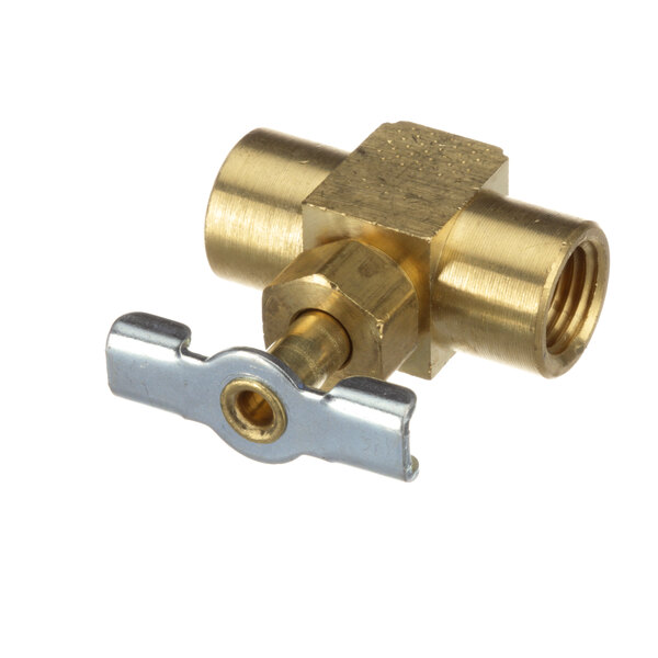 A brass Doyon Baking Equipment valve with a brass and silver pipe and nut.
