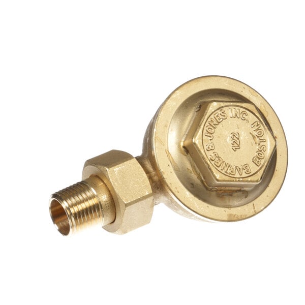A gold-colored Cleveland thermostatic trap kit with a nut on a threaded pipe.