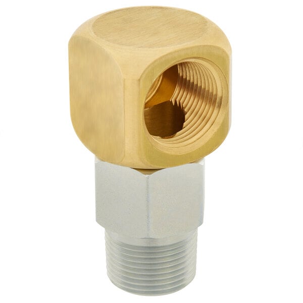 A brass T&S swivel gas appliance connector with a nut.