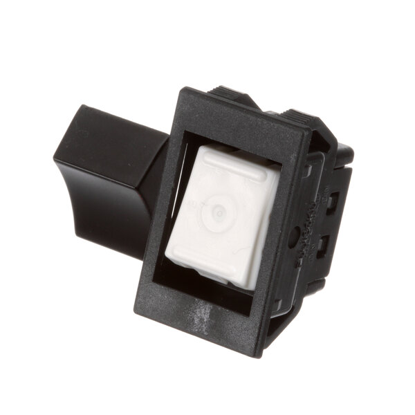 A black plastic rocker switch with a white square in the middle.