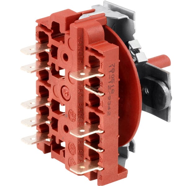 A red, black, and silver Montague rotary switch with brackets.