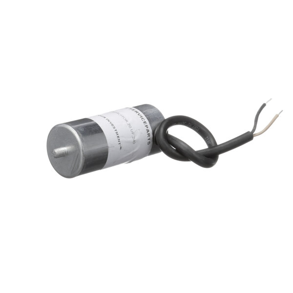 A black and white capacitor with a black cable.