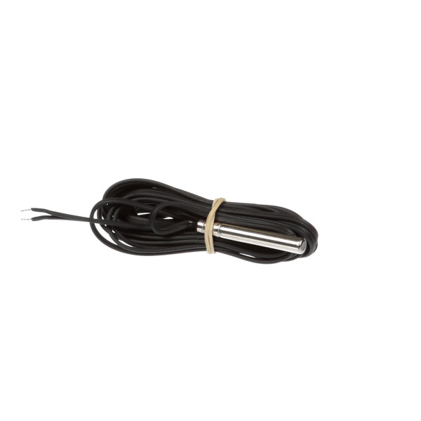 A black cord with a white wire wrapped in rubber.