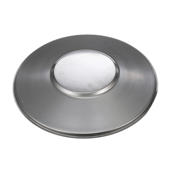 A stainless steel lid insert with a silver circle and white circle.