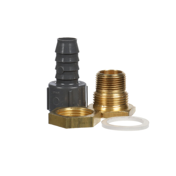 A brass threaded hose fitting and nut from a Hatco plumbing kit.