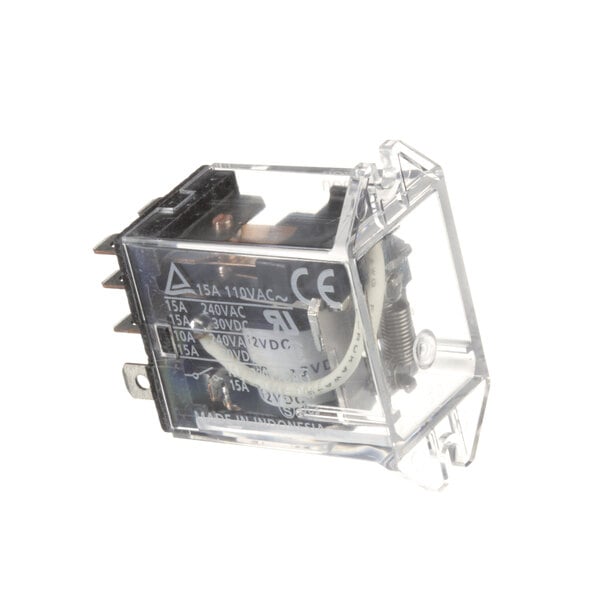 A transparent plastic relay with a wire.