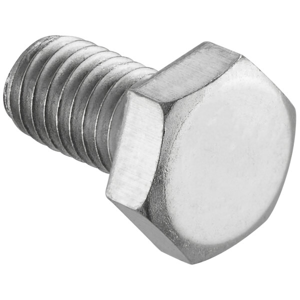 A stainless steel hex head screw with a white background.