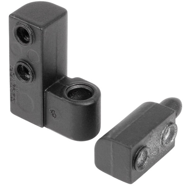 A black plastic Bakers Pride hinge connector with holes on top and bottom.