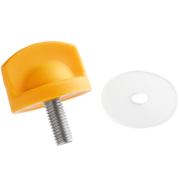 A yellow screw securing a white plastic disc